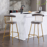 Luxury Velvet High Bar Stool Set of 2 with Metal Legs Soft Back Armless Modern Kitchen Dining Chairs Grey