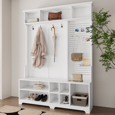 Hall Tree with Shoe Bench, Coat Rack ,Shoe Storage ,Storage Shelves and Pegboard, for Hallways, Halls and Bedrooms, White