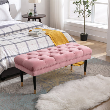 Tufted Velvet Ottoman Bench Modern Upholstered Footstool with Metal Legs for Living Room Entryway Bedroom Pink