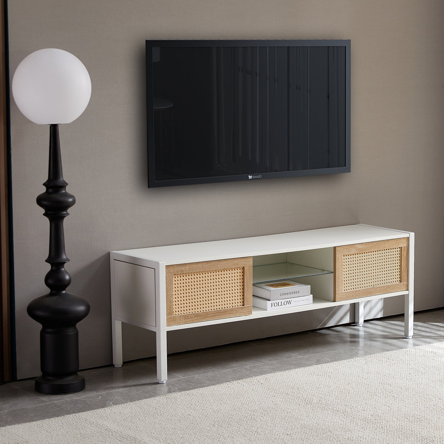 Rattan TV Cabinet with Color Changing Light Strip Double Sliding Doors Adjustable Shelf Metal Legs for Living Room White