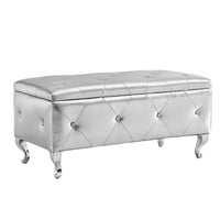 Upholstered Storage Ottoman Bench Faux Leather Rectangular Footrest with Crystal Buttons for Bedroom Living Room Entryway Silver