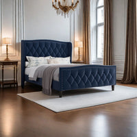 Modern Upholstered Full Size Bed Frame with Wingback Headboard Velvet Platform Bed Easy Assembly No Box Spring Needed Blue