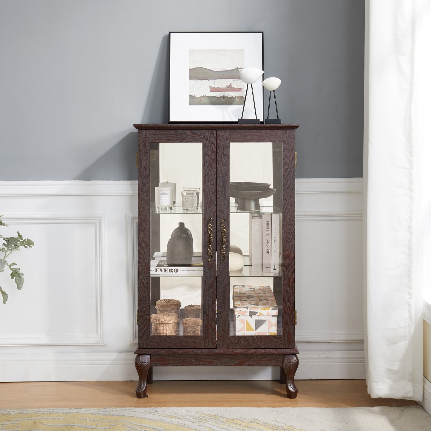 Elegant Cherry Curio Cabinet with Tempered Glass Doors Adjustable Shelves Mirrored Back and Lighted Display for Home Office