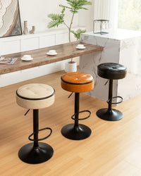 Khaki Faux Leather Adjustable Bar Stool Set of 2 360° Swivel Armless Counter Chairs with Metal Frame for Kitchen Dining Living Room