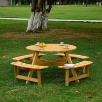 8 Person Round Picnic Table with Built-in Benches and Umbrella Hole for Garden Backyard Patio