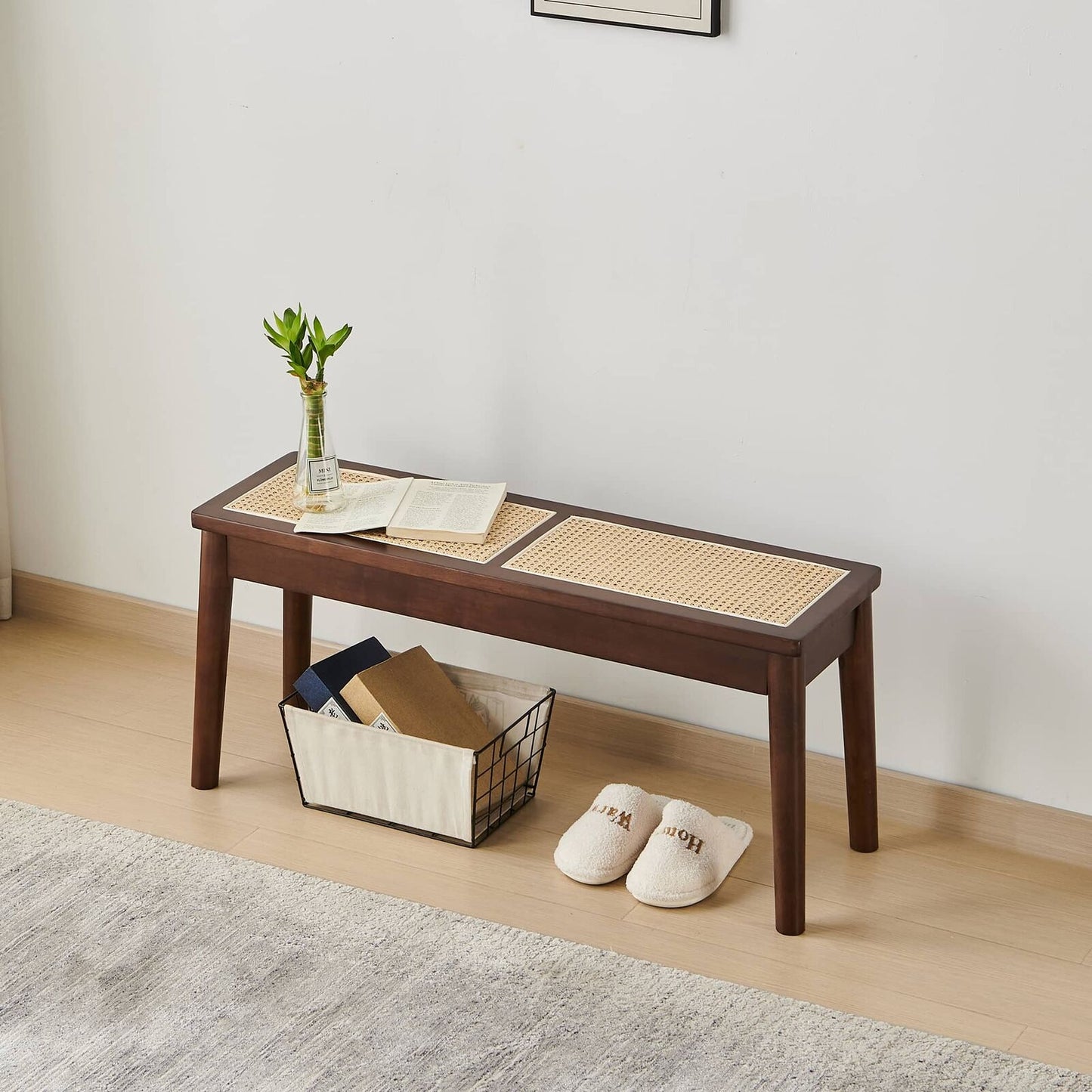 Hand Woven Cane Seat Bench - 40" Solid Wood Bench for Dining, Entryway