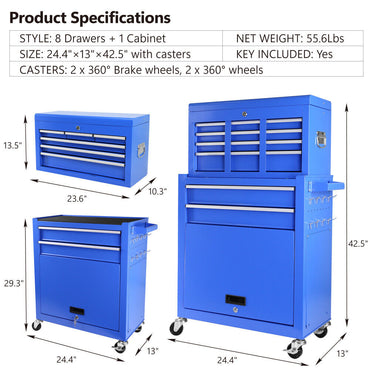 Rolling Tool Chest with Wheels and 8 Drawers, Detachable Large Tool Cabinet