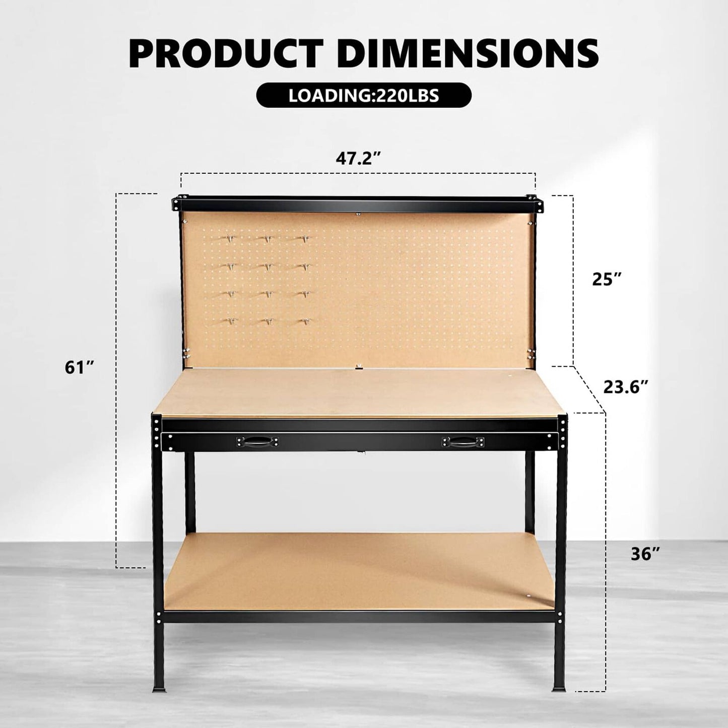 63 Inch Tool Cabinet Workbench with Drawers Pegboard Heavy Duty Storage