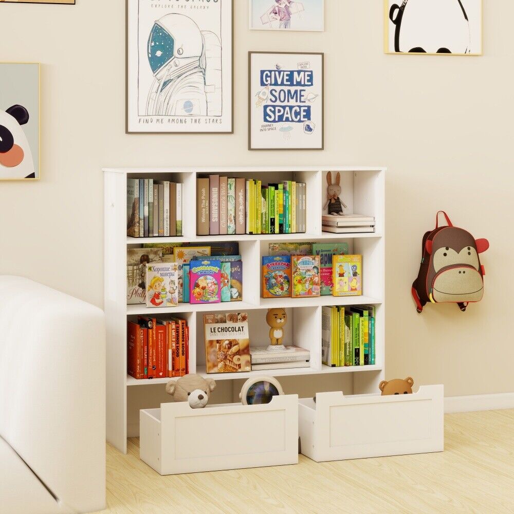 Toy Storage Organizer with 2 Movable Drawers, Children Book Shelf for Kids Room