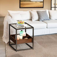 Modern Glass Coffee Table Side Table Storage Shelf Metal Legs