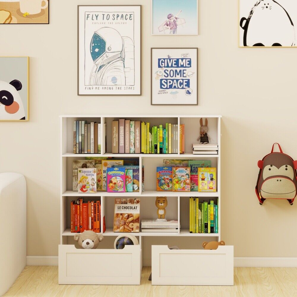 Toy Storage Organizer with 2 Movable Drawers, Children Book Shelf for Kids Room