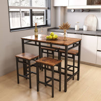 5PC Rustic Brown Industrial Style Bar Table Set with High Stools