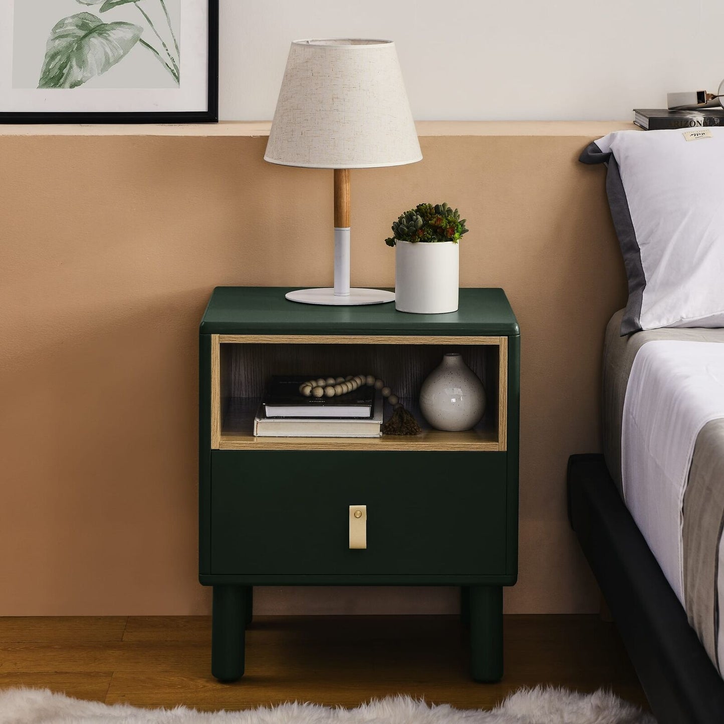 Modern Style Single Drawer Bedside Table with Storage, Leather Handles