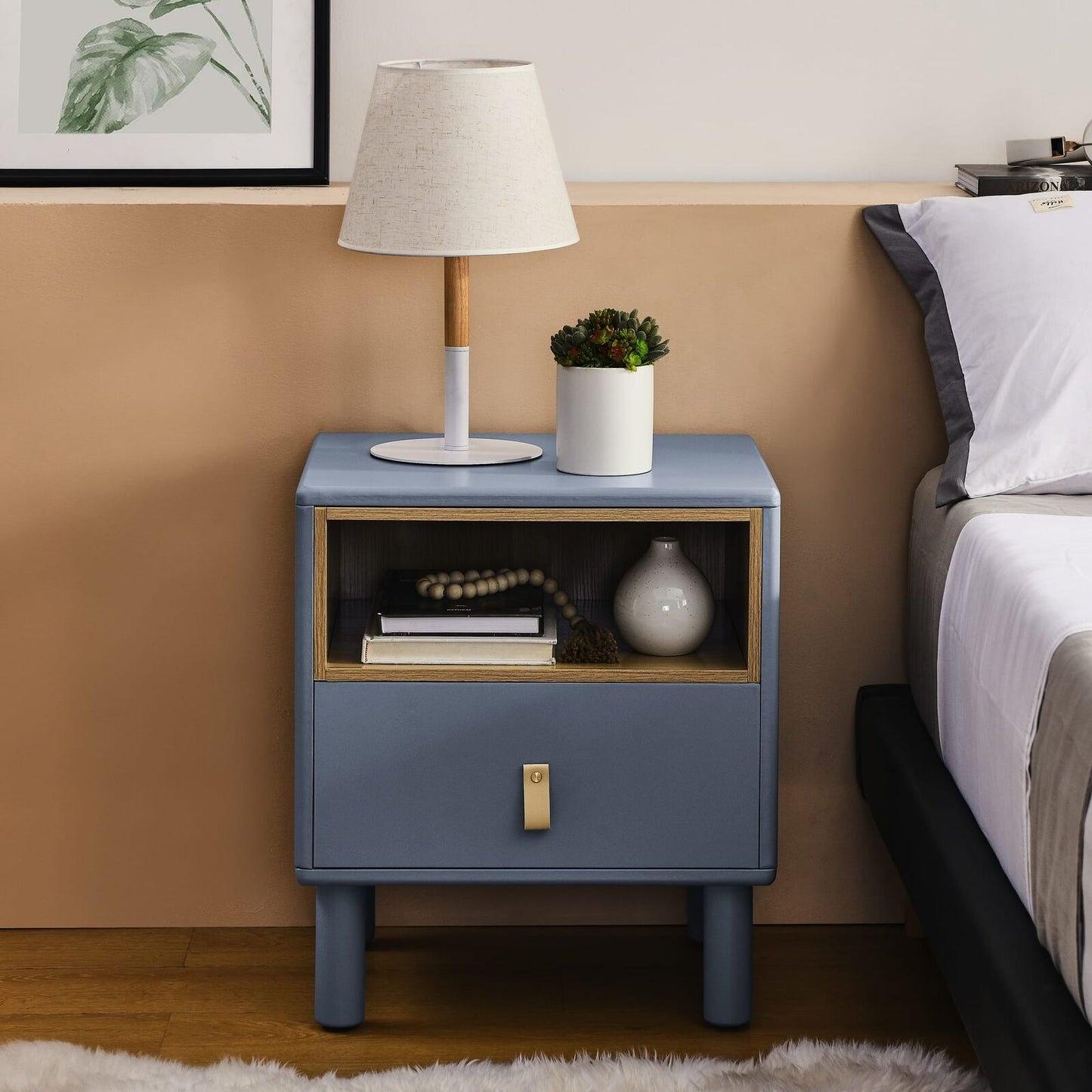 Modern Style Single Drawer Bedside Table with Storage, Leather Handles