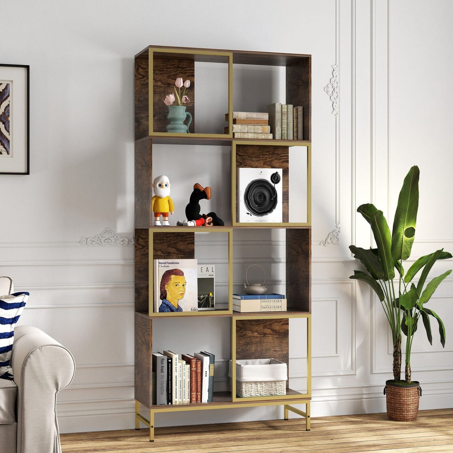 Rustic Industrial Bookshelf, 4-Tier Asymmetrical Display Storage Shelves