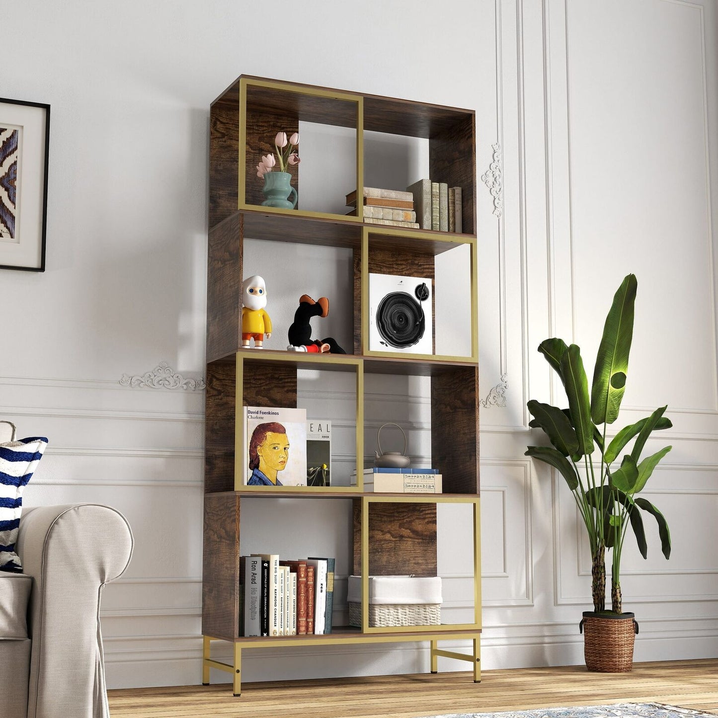 Rustic Industrial Bookshelf, 4-Tier Asymmetrical Display Storage Shelves