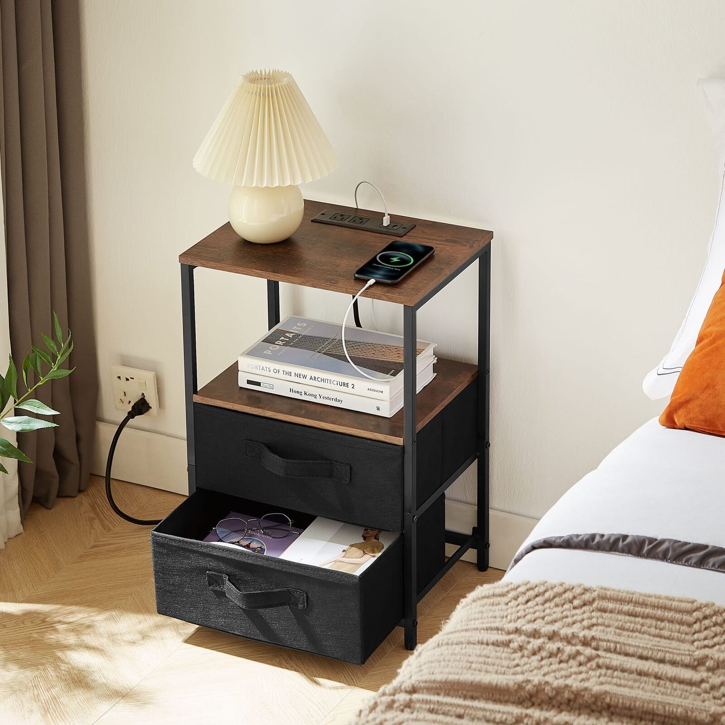 Small End Table with Charging Station USB Port, and Drawer Storage