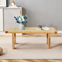 Modern Rattan Side Table, Small Rectangular End Table with Wood Legs