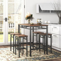 5PC Rustic Brown Industrial Style Bar Table Set with High Stools