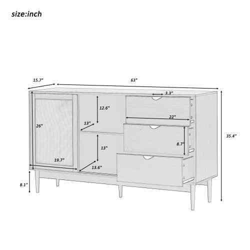 Two-door Storage Cabinet with Three Drawers Metal Handles