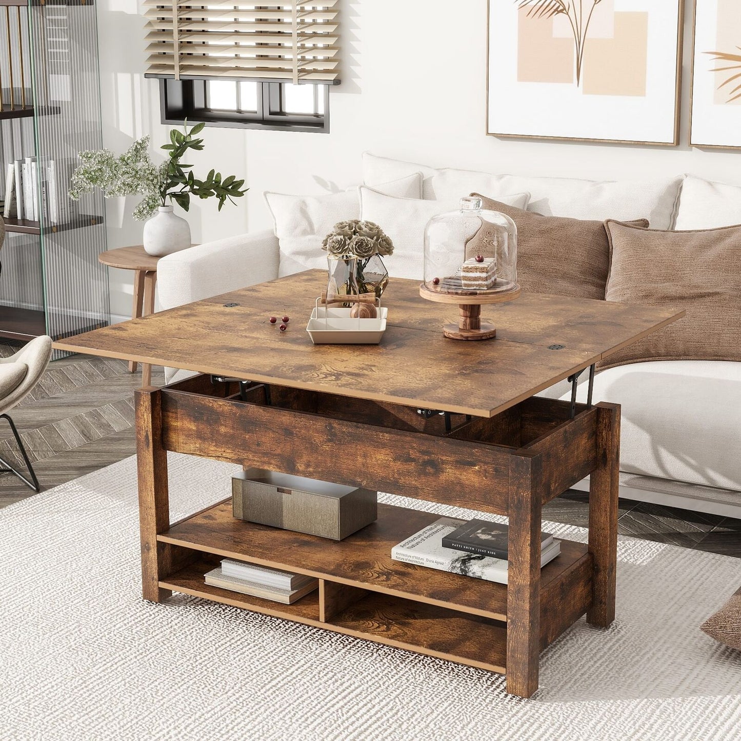 Lift Top Coffee Table Multi-Functional with Open Shelves Rustic Brown