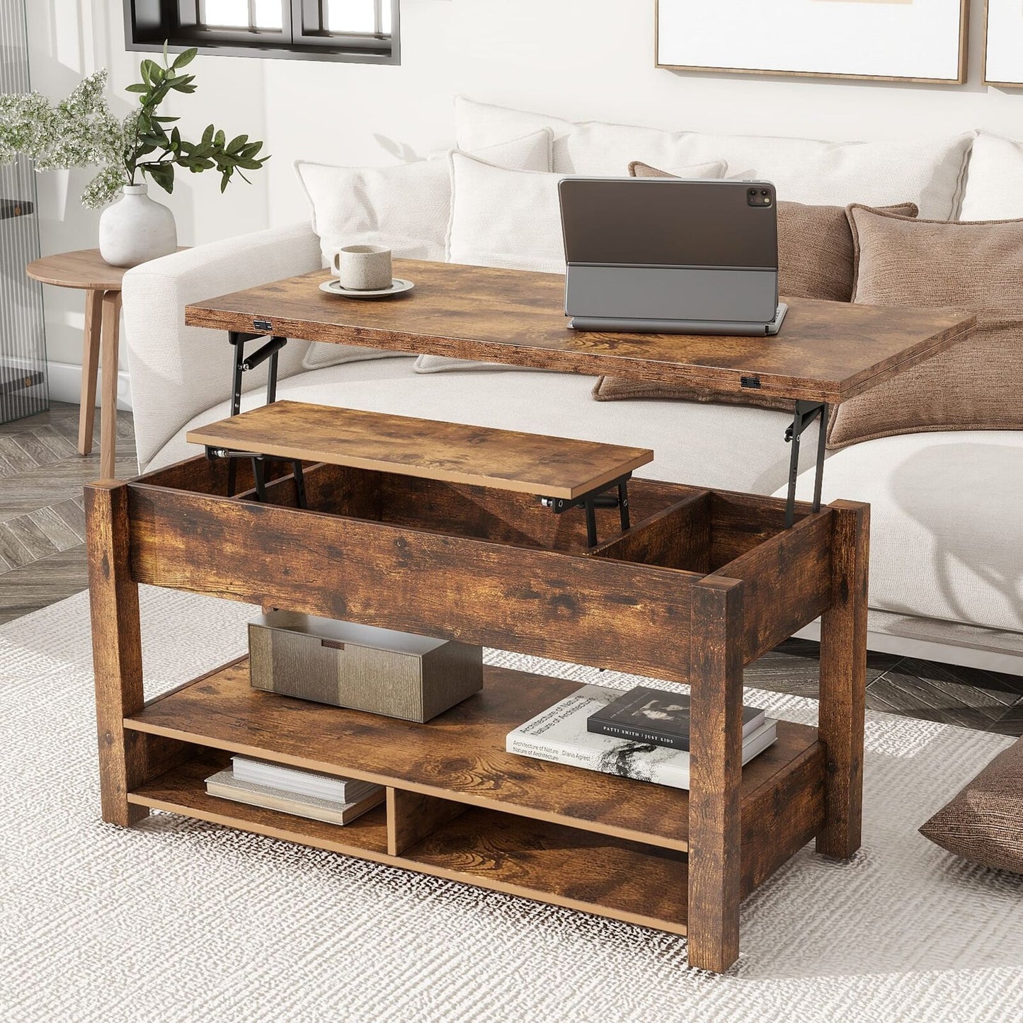 Lift Top Coffee Table Multi-Functional with Open Shelves Rustic Brown