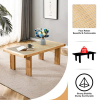 Modern Rattan Side Table, Small Rectangular End Table with Wood Legs