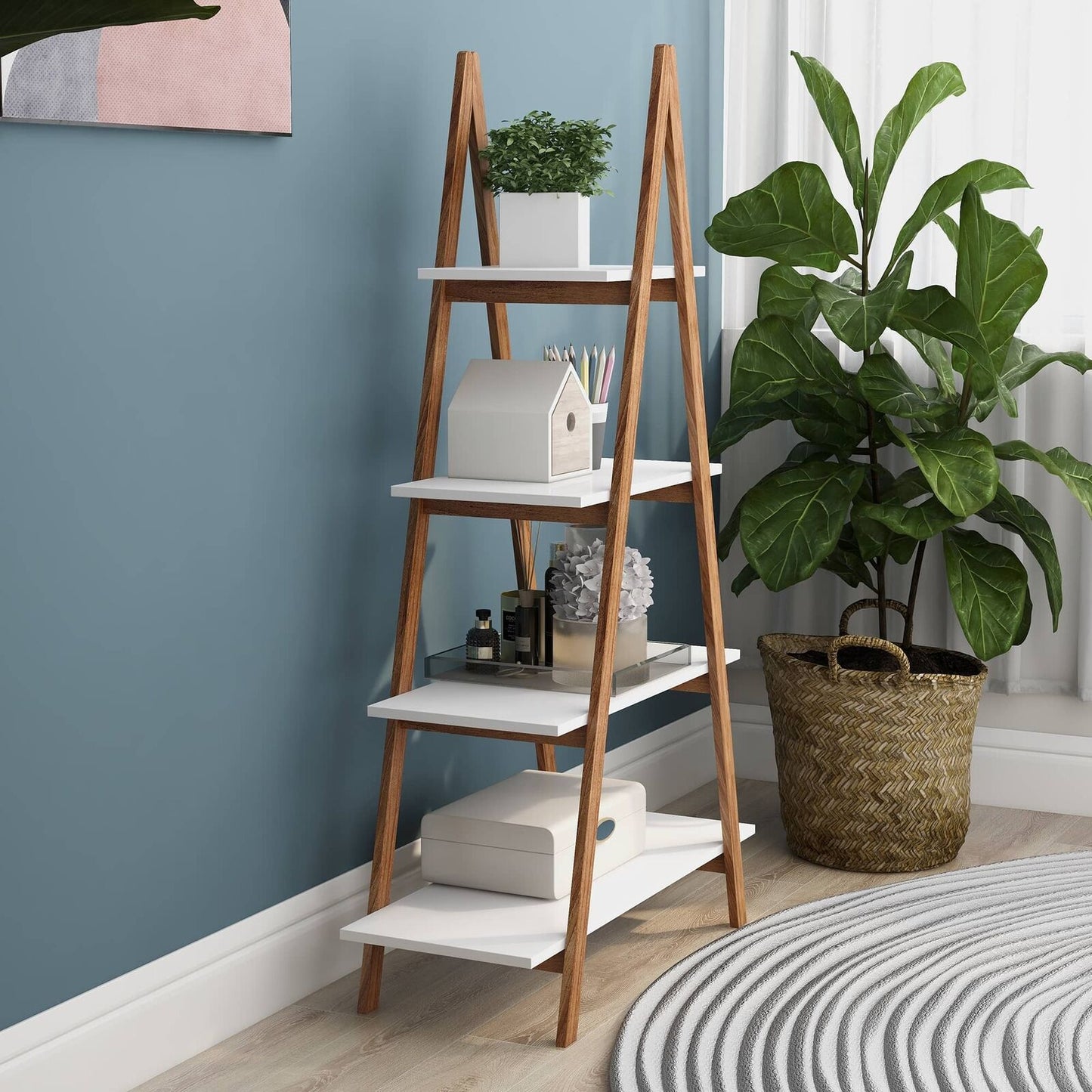 Solid Bamboo Wood A-Frame Ladder Display Bookshelf, 4-Tier Open Shelves