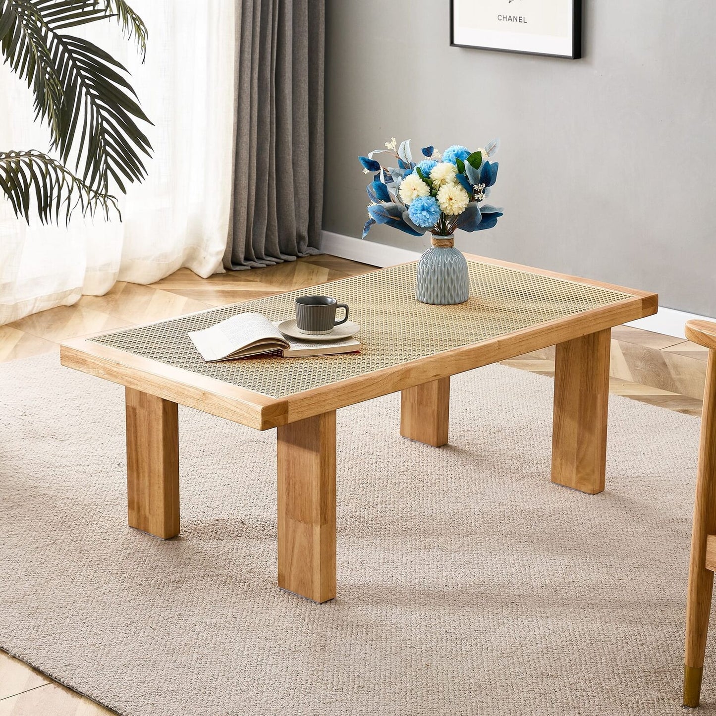 Modern Rattan Side Table, Small Rectangular End Table with Wood Legs