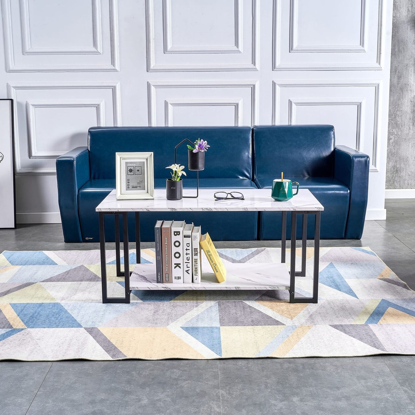 Modern Rectangle Coffee Table, 2-Tier Marble MDF Top