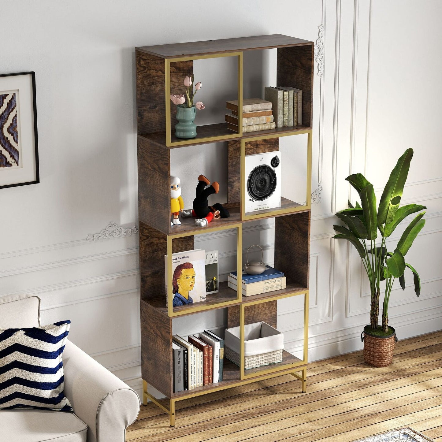 Rustic Industrial Bookshelf, 4-Tier Asymmetrical Display Storage Shelves