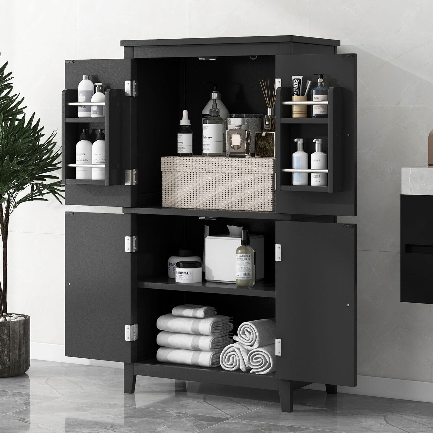 Stylish Freestanding Bathroom Storage Unit With 4 Doors And Adjustable Shelves - Elegant Floor Cabinet In Black