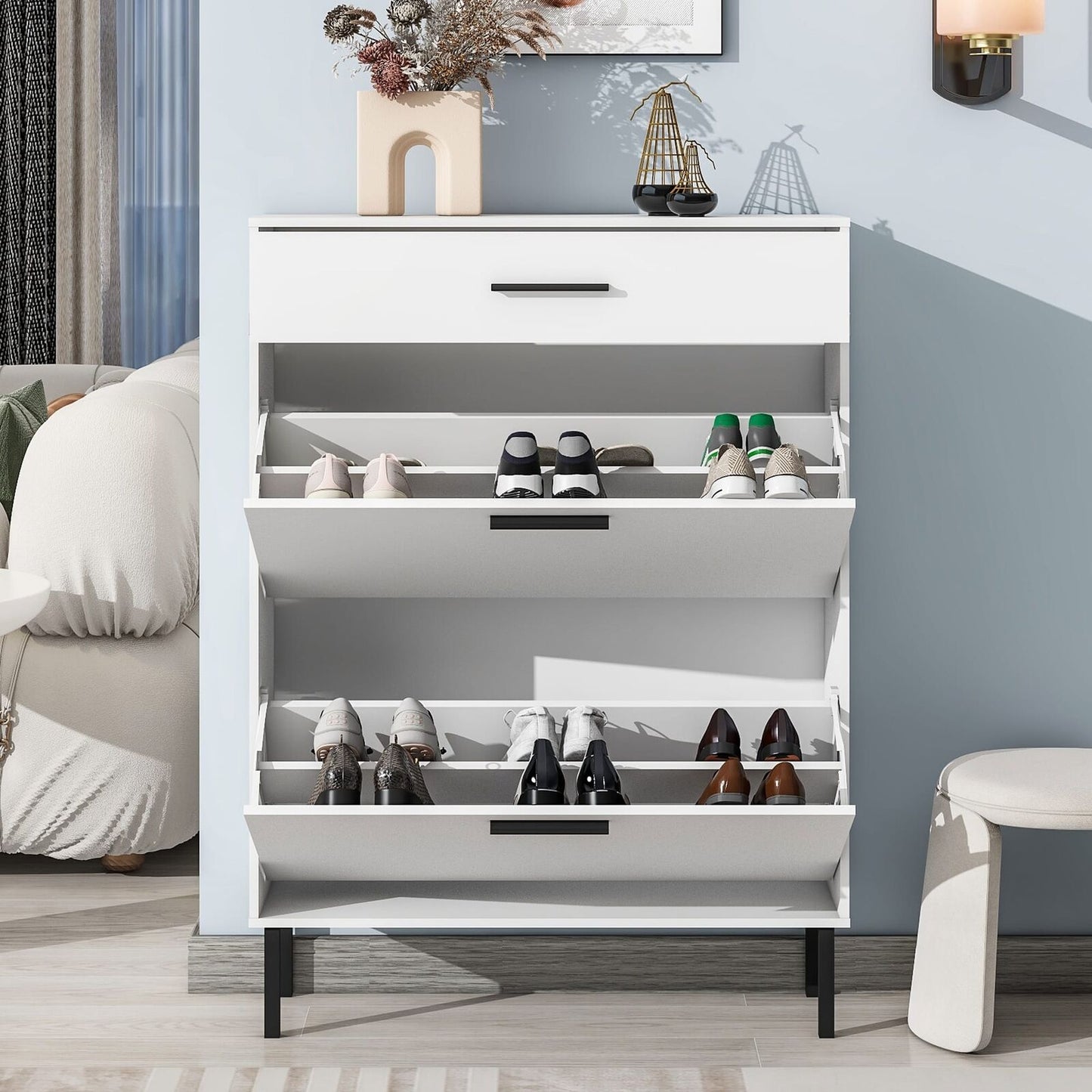 Freestanding Shoe Rack Storage Organizer with Drawers & Metal Legs