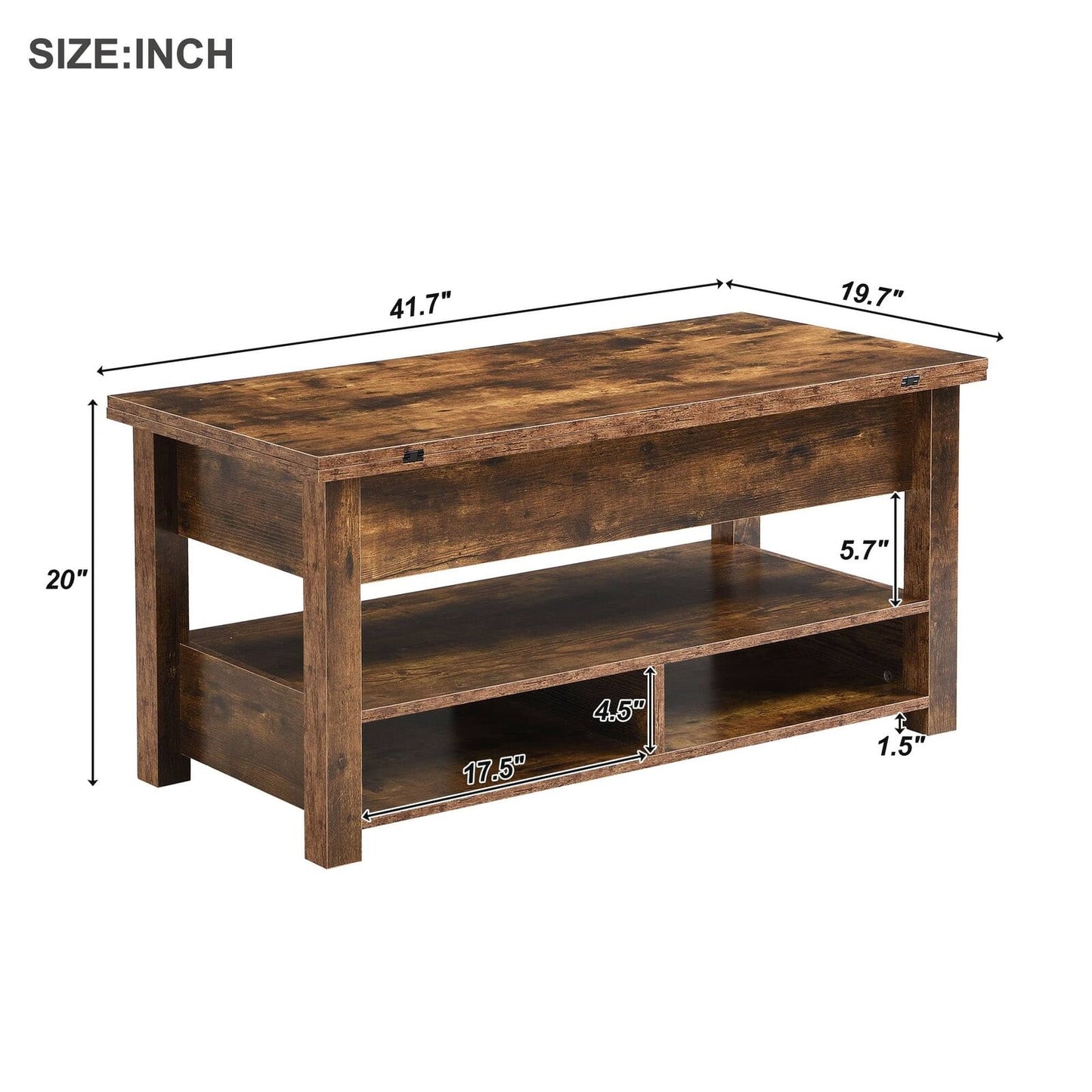 Lift Top Coffee Table Multi-Functional with Open Shelves Rustic Brown
