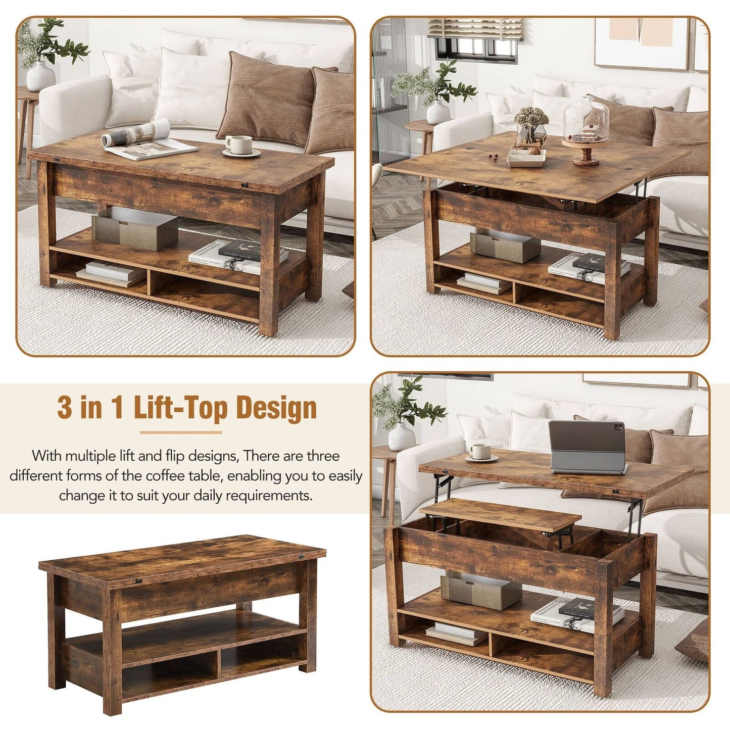Lift Top Coffee Table Multi-Functional with Open Shelves Rustic Brown
