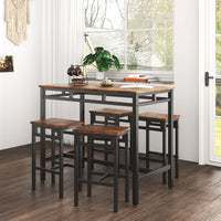 5PC Rustic Brown Industrial Style Bar Table Set with High Stools