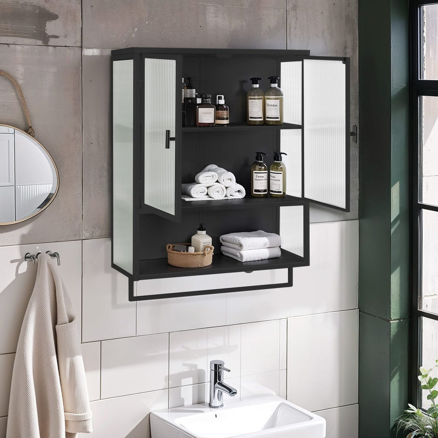 Modern Two-Door Wall Cabinet with Enclosed Storage Open Shelf and Towel Rack