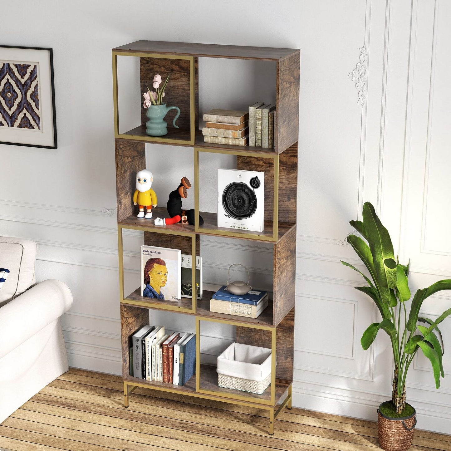 Rustic Industrial Bookshelf, 4-Tier Asymmetrical Display Storage Shelves