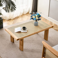 Modern Rattan Side Table, Small Rectangular End Table with Wood Legs