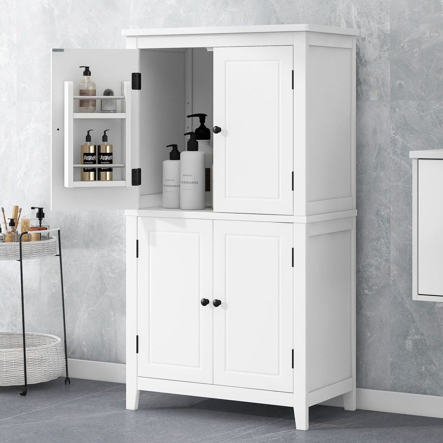 Stylish Freestanding Bathroom Storage Unit With 4 Doors And Adjustable Shelves - Elegant Floor Cabinet In Black