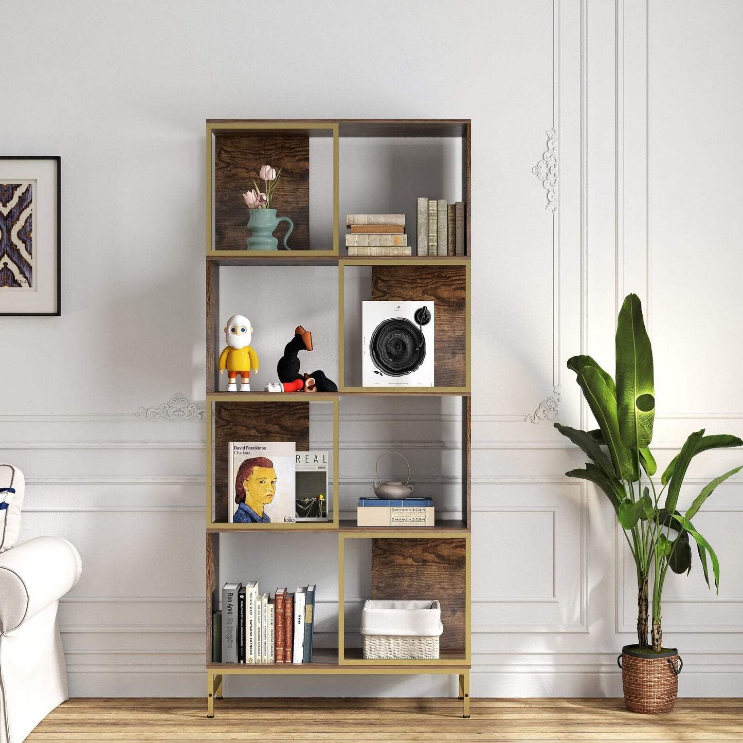 Rustic Industrial Bookshelf, 4-Tier Asymmetrical Display Storage Shelves