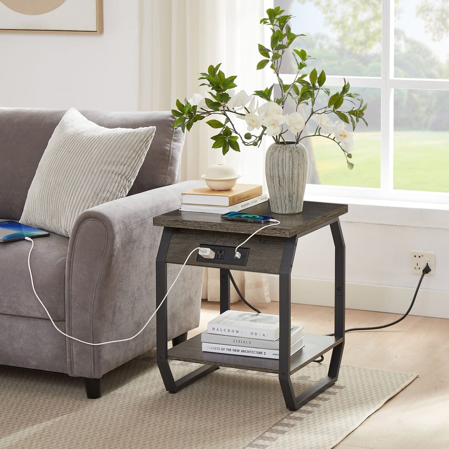 Side Table with Charging Station, Set of 2 End Tables with USB Ports