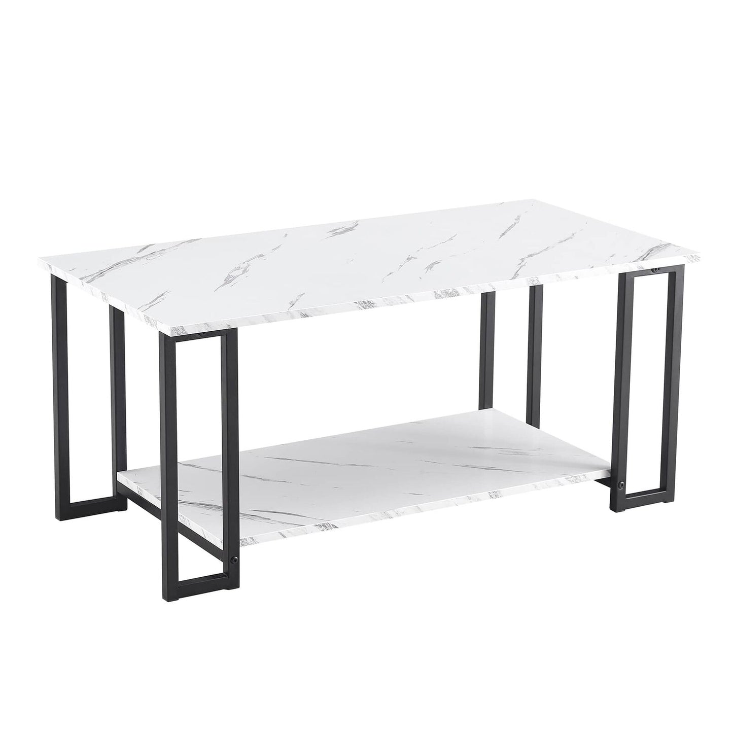 Modern Rectangle Coffee Table, 2-Tier Marble MDF Top