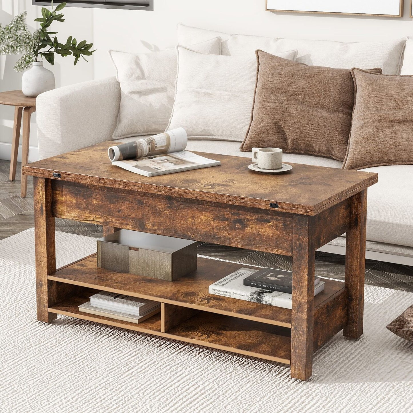 Lift Top Coffee Table Multi-Functional with Open Shelves Rustic Brown