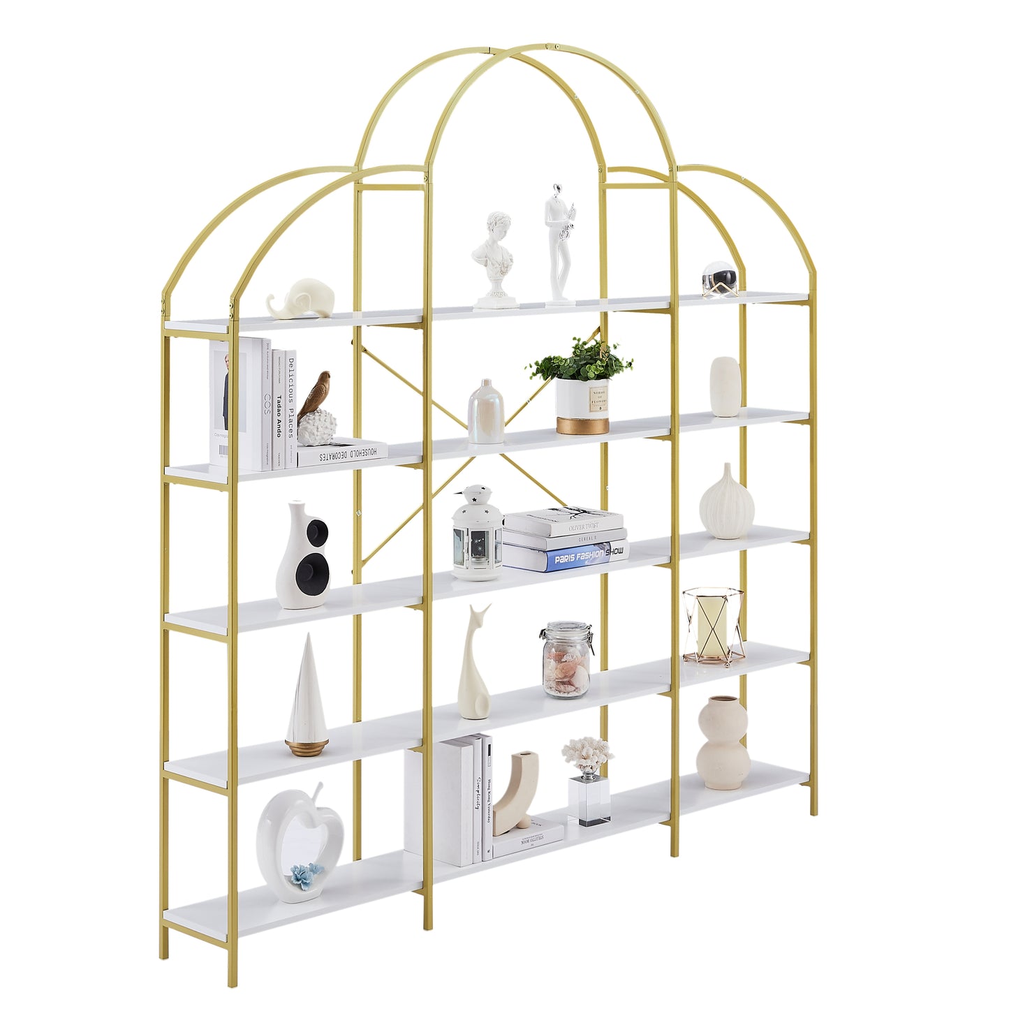 74.8 Inch 5 Tier Office Bookcase Bookshelf Display Shelf Round Top X Bar Gold Frame Modern Home Decor