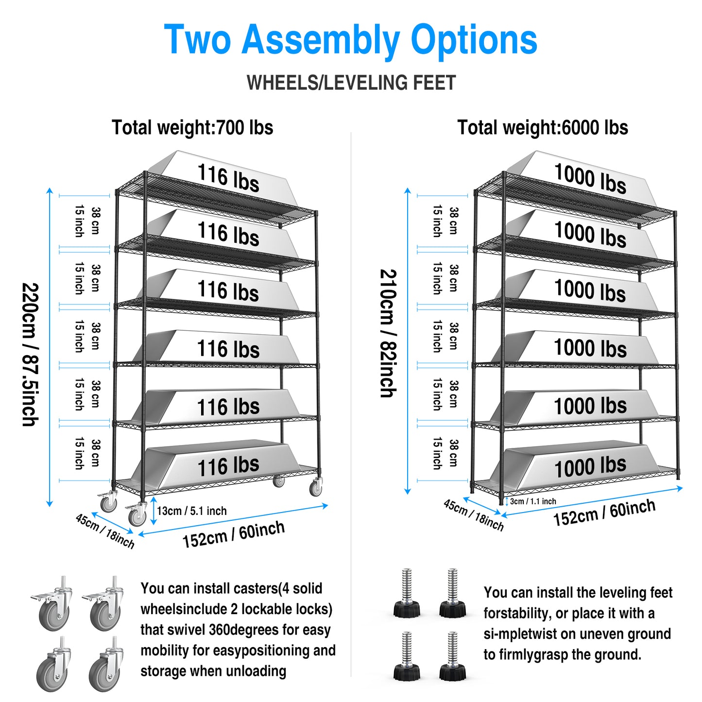 6 Tier Heavy Duty Wire Shelving Unit 6000 LBS Capacity Adjustable Metal Garage Storage Shelves with Wheels Black