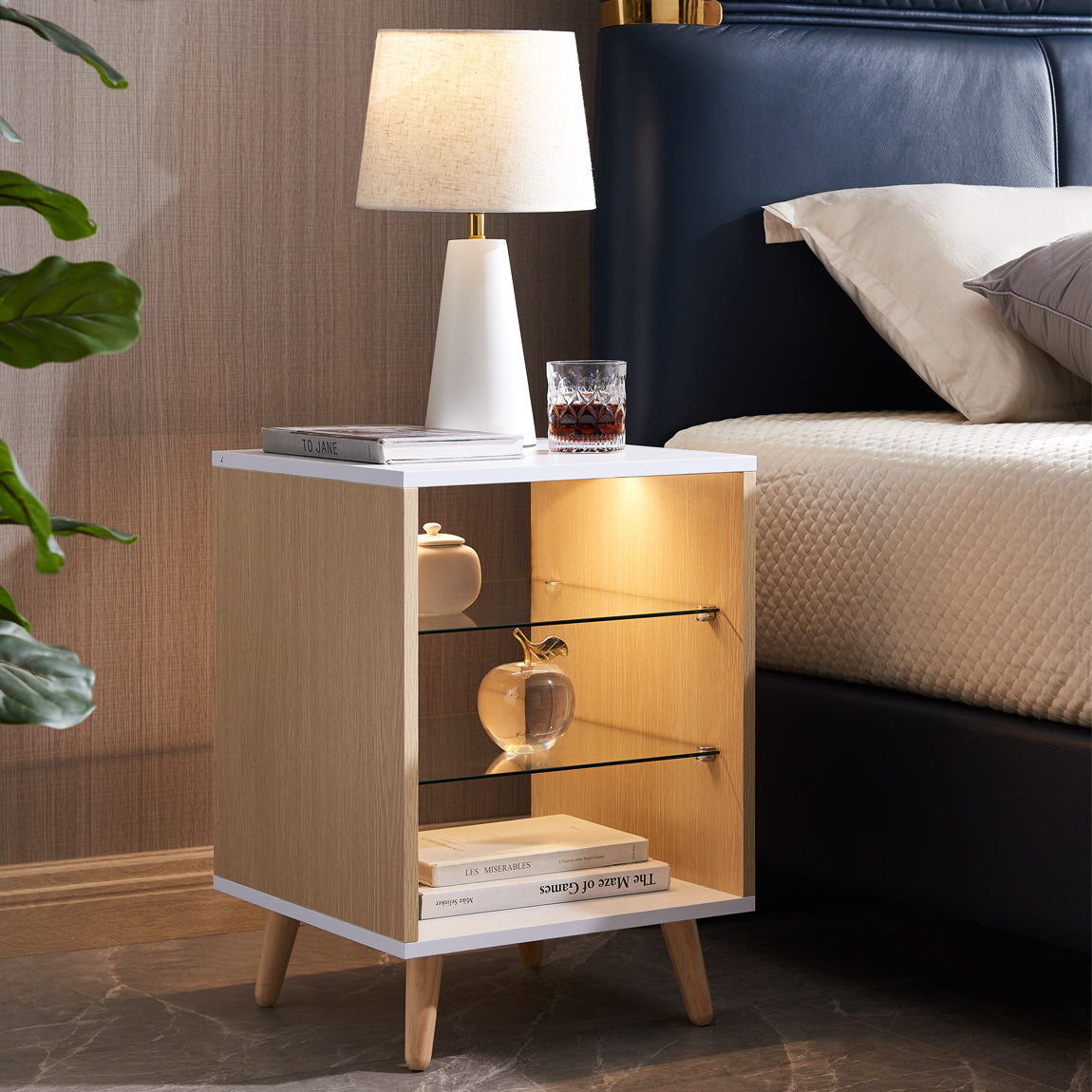 LED Nightstand with 2 Glass Shelves Modern Bedside Table Adjustable Brightness 3 Color LED Lighting Natural Wood for Bedroom Living Room