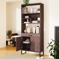 Tall Walnut Finish Open Bookshelf with LED Lights and Storage Drawer for Living Room and Office