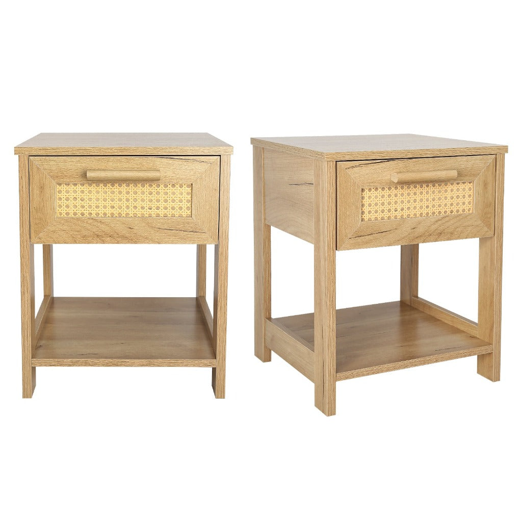 Nightstand Set of 2 with 2 Drawers and Open Storage Shelves, Rattan Design, Natural Color, Small Dresser for Bedroom, Bedside Furniture