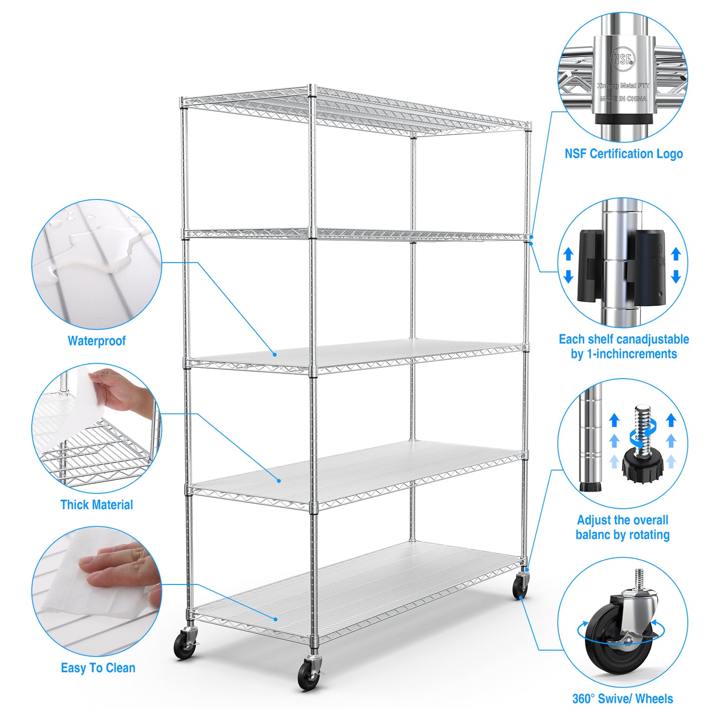 5 Tier Heavy Duty Adjustable Storage Rack 7500lbs Metal Wire Shelving Unit with Wheels and Shelf Liners 82H x 60L x 24D Chrome